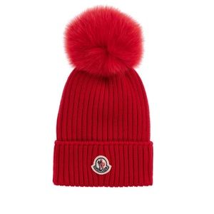 Moncler Red Wool Fur Pom Pom Winter Hat